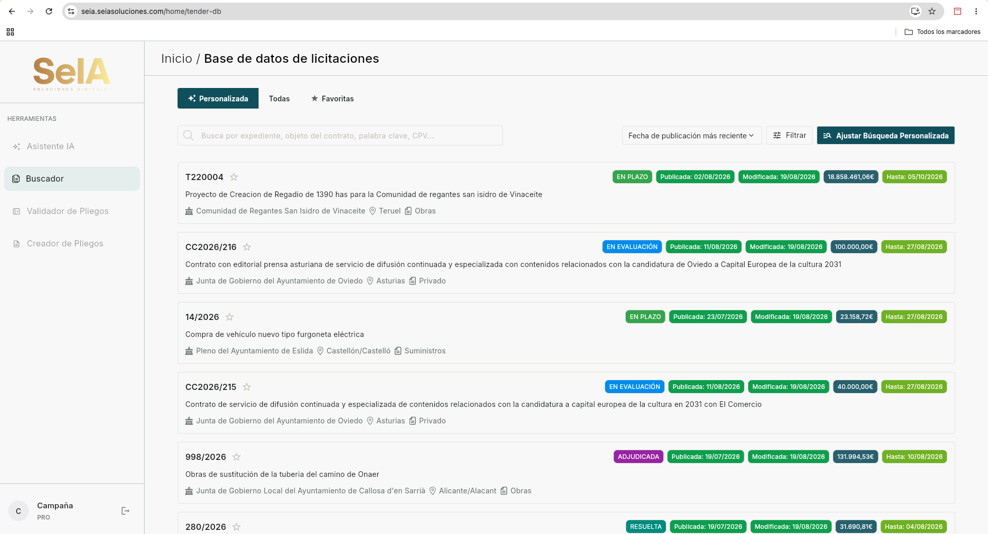 Listado de licitaciones que encajan con el perfil de empresa